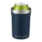A navy blue Arctic Zone can cooler with a silver rim surrounds a green soda can. The cans label shows its caffeine-free. The cooler has a logo and the brand name Arctic Zone printed at the bottom.