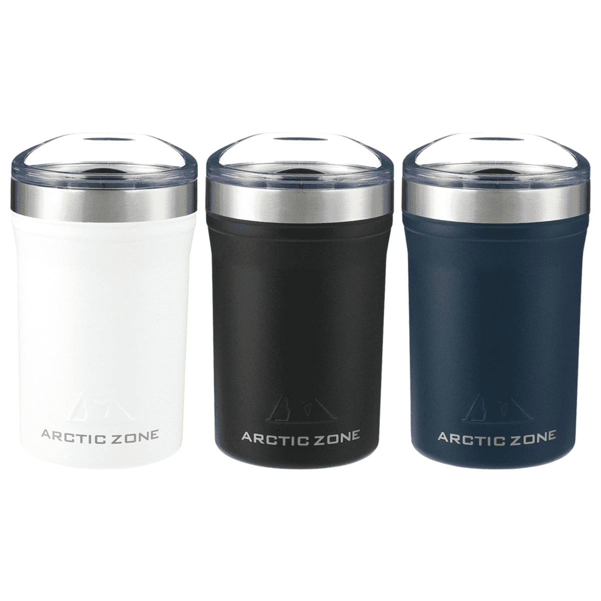 Three insulated Arctic Zone tumblers are displayed side by side. The tumblers are white, black, and navy blue, each with a clear lid and metallic trim. The brand name ARCTIC ZONE is printed near the bottom.