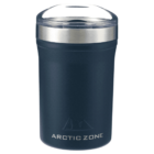 A navy blue insulated tumbler with a stainless steel rim and a clear plastic lid. The front features the logo Arctic Zone in white.