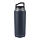 A dark gray insulated water bottle with a black handle and silver trim around the lid. The bottle features the text Arctic Zone and a mountain logo etched near the base.