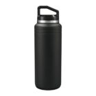 A black, stainless steel water bottle with a wide-mouth opening and a screw-on cap featuring a built-in handle. The bottle has a sleek, minimalist design.