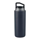A dark gray insulated stainless steel water bottle with a black, flat-top cap and handle. The bottle has a sleek, cylindrical design and a metallic band near the cap.