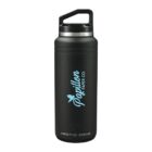 A black insulated water bottle with a handle on the lid. It has Papillon Paper Co. written in light blue with a butterfly graphic. The words Arctic Zone are printed at the bottom.