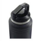 A close-up view of a black insulated water bottle with a sturdy handle on the lid. The lid has Titan Thermal HP engraved on it, and a metallic band separates the lid from the bottles body.