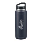 A dark blue insulated water bottle with a black handle on the lid. The bottle features the text Pavilion Paper Co. alongside a leaf design and Arctic Zone at the bottom.