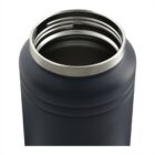 A close-up of an open, dark-colored stainless steel thermos with a silver rim. The interior of the thermos is visible, showing its insulated design. The background is plain white.