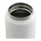 A close-up of a white insulated tumbler showing the open, silver-rimmed top.