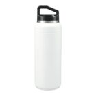 A white insulated water bottle with a black lid and handle, standing upright on a plain white background.
