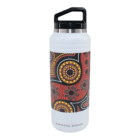 Stainless steel water bottle with a black lid and colorful Aboriginal-inspired dot pattern in red, yellow, and black on a white background. The bottle has Arctic Zone printed at the bottom.