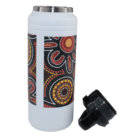 A white travel mug with a black, intricate indigenous-style dot painting design featuring circular patterns in red, yellow, orange, and white. The black twist lid is placed beside the mug.