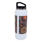 A white insulated water bottle with a black top, featuring an abstract pattern in red, yellow, orange, and white. The design includes concentric circles and dot motifs, creating a vibrant, artistic appearance on a dark background.