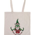 A cream tote bag with an illustration of a little green-clad elf sitting cross-legged, reading a book. Below the elf, the text reads “Early Learning is Fun” and “ELF” in red letters. The bag has two long handles.