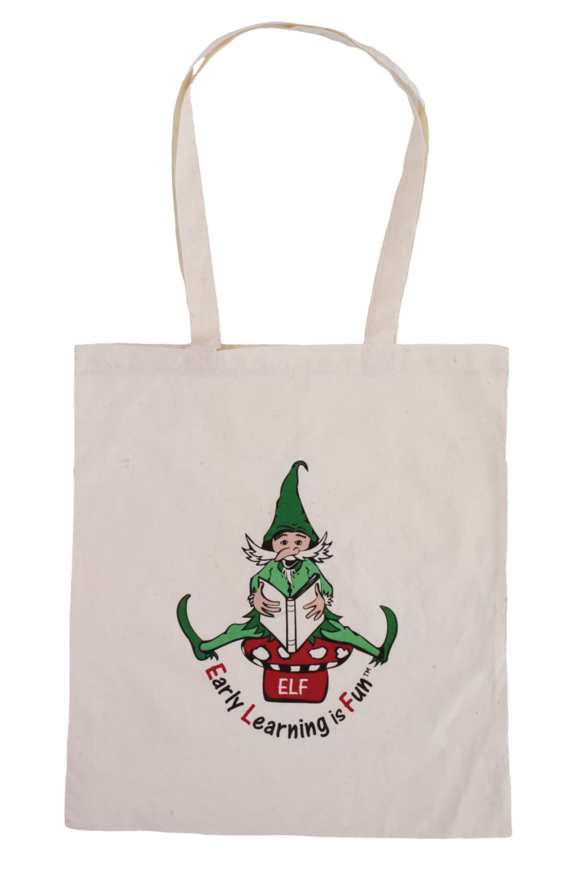 A cream tote bag with an illustration of a little green-clad elf sitting cross-legged, reading a book. Below the elf, the text reads “Early Learning is Fun” and “ELF” in red letters. The bag has two long handles.