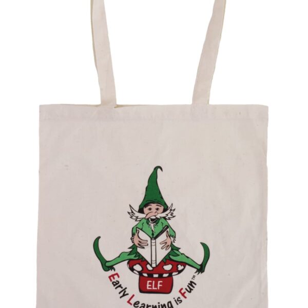 A beige tote bag featuring a green-hatted elf reading a book while sitting atop a red mushroom. The words Early Learning is Fun are displayed in a curved style beneath the elf.