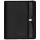 A black leather portfolio with a textured finish and a vertical pocket on the right. It has a small metal emblem engraved with Sheaffer and USA near the pocket. PrintShop by niconcept.com is debossed at the bottom.