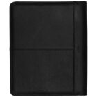 A black leather portfolio folder with a textured surface, partially stitched seams, and a simple, elegant design.