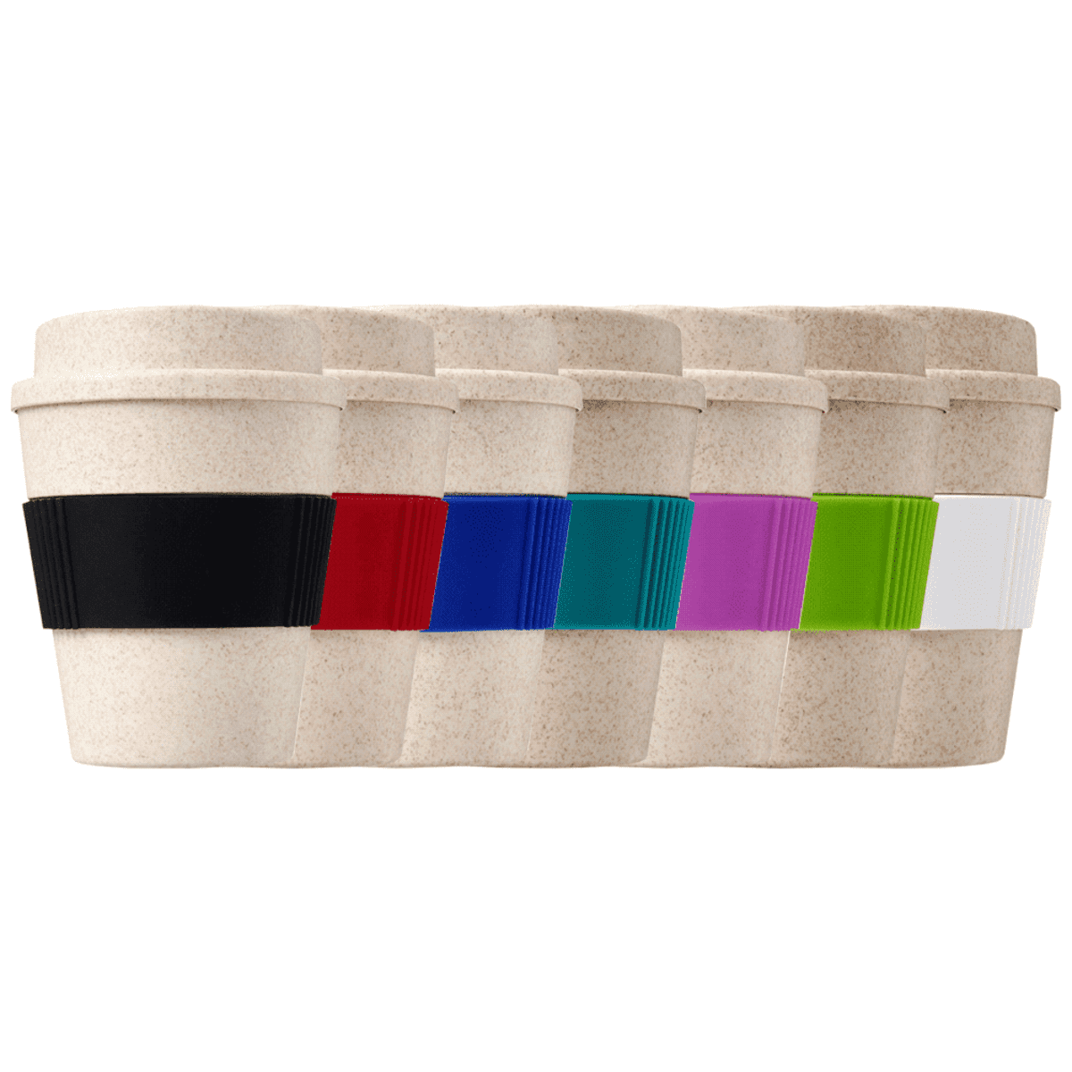 A lineup of six eco-friendly, reusable coffee cups with various colored silicone grips: black, red, blue, teal, purple, green, and white. The cups have a natural speckled appearance and transparent lids.