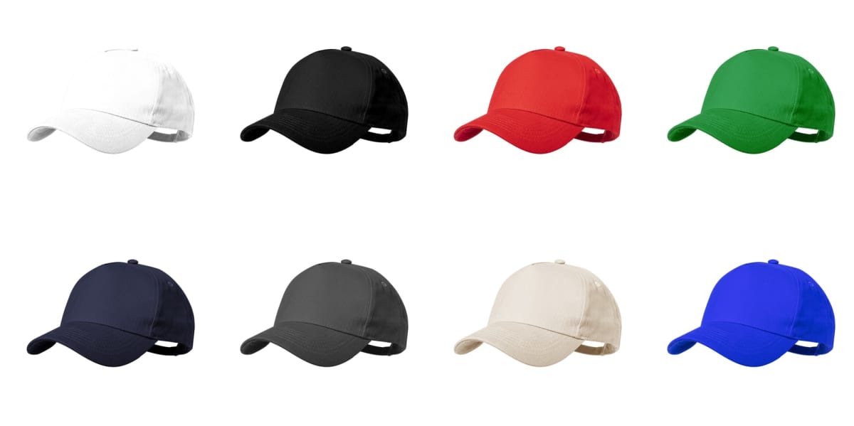 Eight baseball caps in different colors: white, black, red, green, navy, gray, beige, and blue.