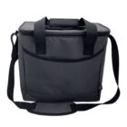 A black insulated cooler bag with a zippered top, two short carrying handles, and a long adjustable shoulder strap. The bag is rectangular with a front pocket and made of a sturdy material.