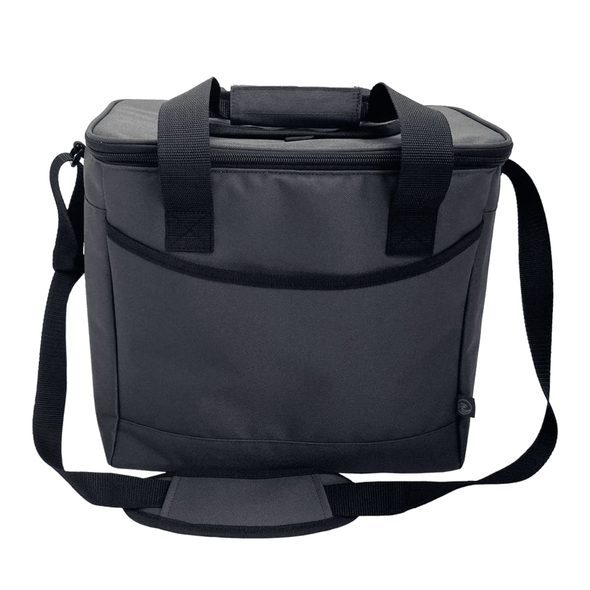 A black insulated cooler bag with a zippered top, two short carrying handles, and a long adjustable shoulder strap. The bag is rectangular with a front pocket and made of a sturdy material.