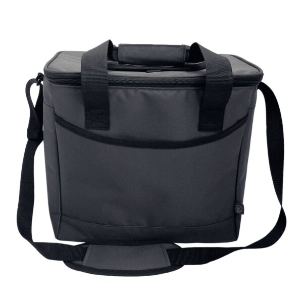 A black insulated cooler bag with a rectangular shape, featuring a zipper closure on top. It has two sturdy handles and an adjustable shoulder strap. The bag appears spacious, suitable for carrying food and beverages.