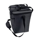 A black, insulated, rectangular cooler bag with shoulder straps and a padded handle. The bag has zippered compartments and exterior pockets, designed for easy transport and storage of food and beverages.