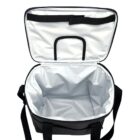Open black soft-sided cooler bag with a white insulated interior and shoulder strap, shown from a top view.