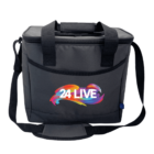 Black insulated cooler bag with a shoulder strap and carrying handles. The front features a colorful swirling design around the text 24 LIVE in white letters.