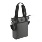 Gray tote bag with black handles, a front zipper pocket, and an adjustable shoulder strap.