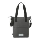 Gray tote bag with black handles, a shoulder strap, and a front pocket on a white background.