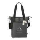 Black Corvina Outdoors tote bag with shoulder strap and white geometric mountain logo.