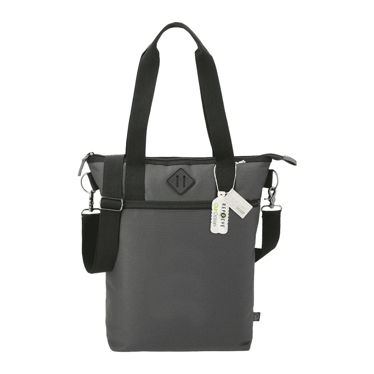 A black tote bag with handles, shoulder strap, and attached tags.