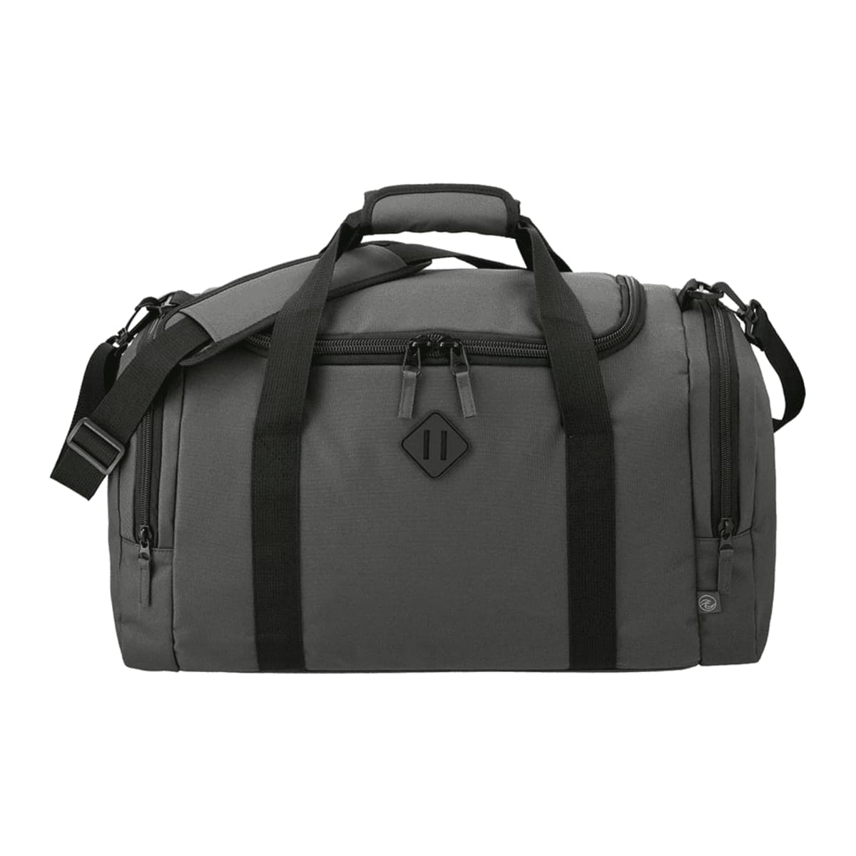 A gray duffel bag with black handles and strap, featuring a zippered top and side pocket. The bag has a diamond-shaped logo on the front and is resting against a white background.