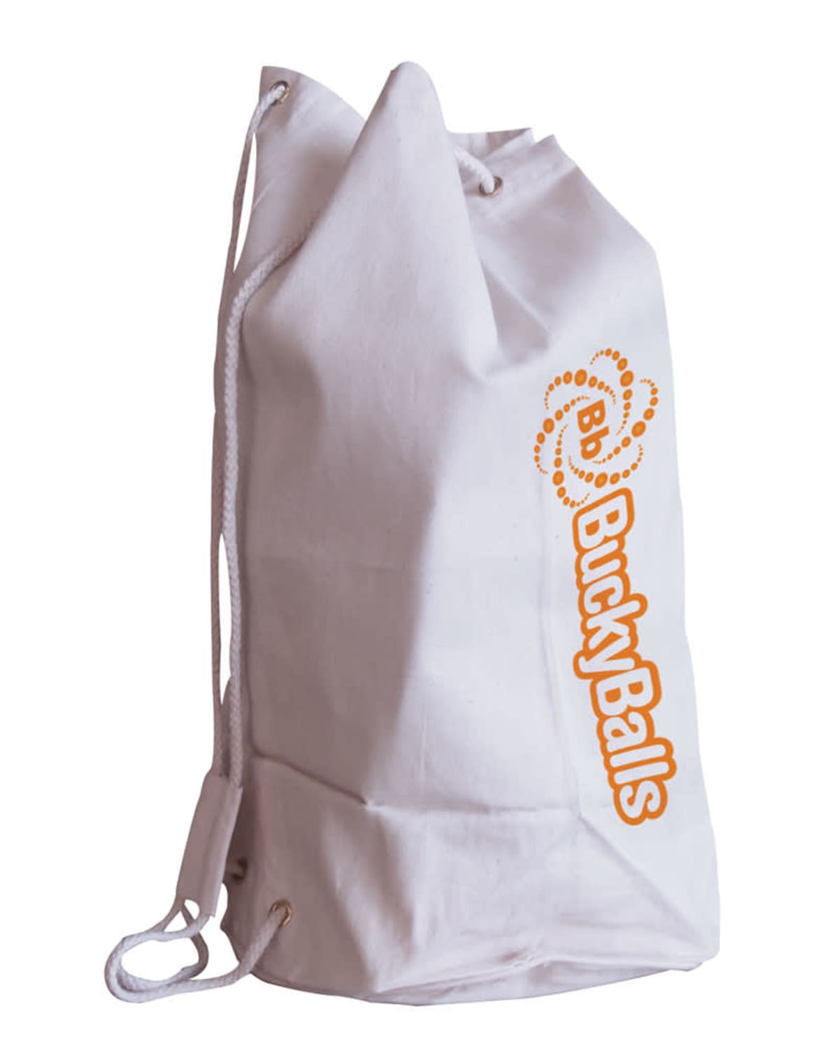 White drawstring bag with BuckyBalls logo in orange text and design on the side. Bag is standing upright with visible drawstrings and grommets.