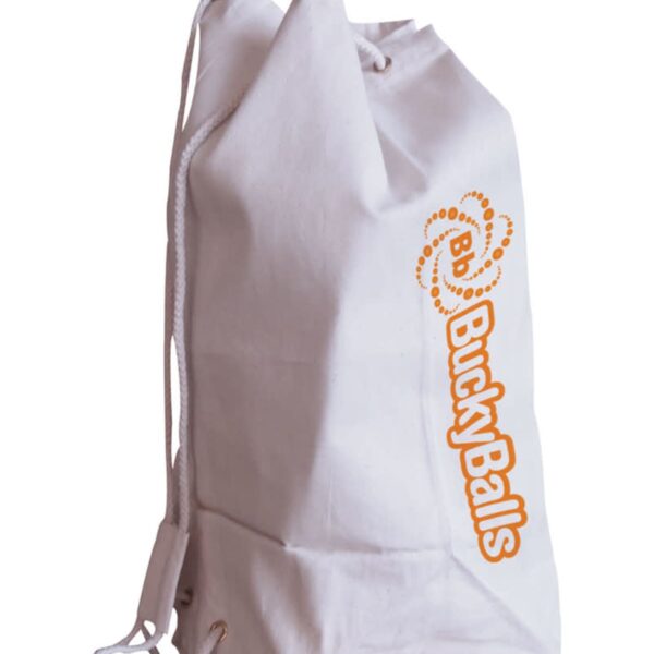 A white drawstring bag with BuckyBalls and a logo in orange printed on it. The bag has metal eyelets and a carrying handle on one side.