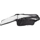A black guitar gig bag with multiple zippered compartments is shown on its side. The main compartment is open, revealing a white padded interior designed to protect a guitar. The bag includes handles and straps for easy carrying.