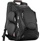A black backpack with multiple zippered compartments and silver zipper pulls. It features a mesh side pocket and padded shoulder straps. The bag has a sleek design suitable for carrying laptops and travel essentials.