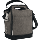 A gray fabric cooler bag with a bottle opener attached to the side. It has a front pocket, padded handles, and an adjustable shoulder strap. The fabric has a rugged appearance.