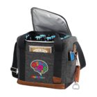 A dark gray cooler bag with a colorful brain design on the front and the word BRAINSTORM below. The bag is open, revealing bottles inside. It has a shoulder strap with a branded tag and a metal bottle opener attached.