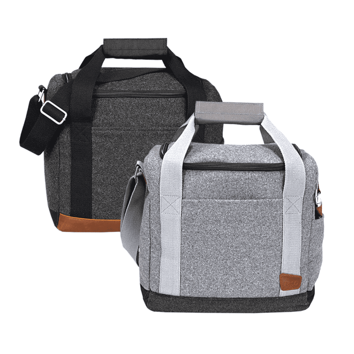 Two gray fabric duffel bags with brown accents are displayed. Each bag has a front pocket, black shoulder strap, and contrasting handles—one with black handles and one with light gray. The bags are shown from slightly different angles.