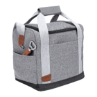 A gray insulated cooler bag with white handles and a front pocket. It features brown leather accents and a built-in bottle opener hanging on the side. The bag has a rectangular shape with a zippered top.
