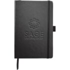 A black notebook with SAGE EXECUTIVE GROUP and a circular logo embossed on the cover. It features an elastic band closure, a pen loop, and a ribbon bookmark.