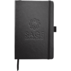 A black notebook with an elastic band on the right side. The cover features a logo with a circular design and the text SAGE EXECUTIVE GROUP embossed below it. A bookmark ribbon extends from the bottom.