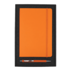 An orange notebook with a matching elastic band is placed in a black box. Below the notebook is an orange pen with a silver clip.