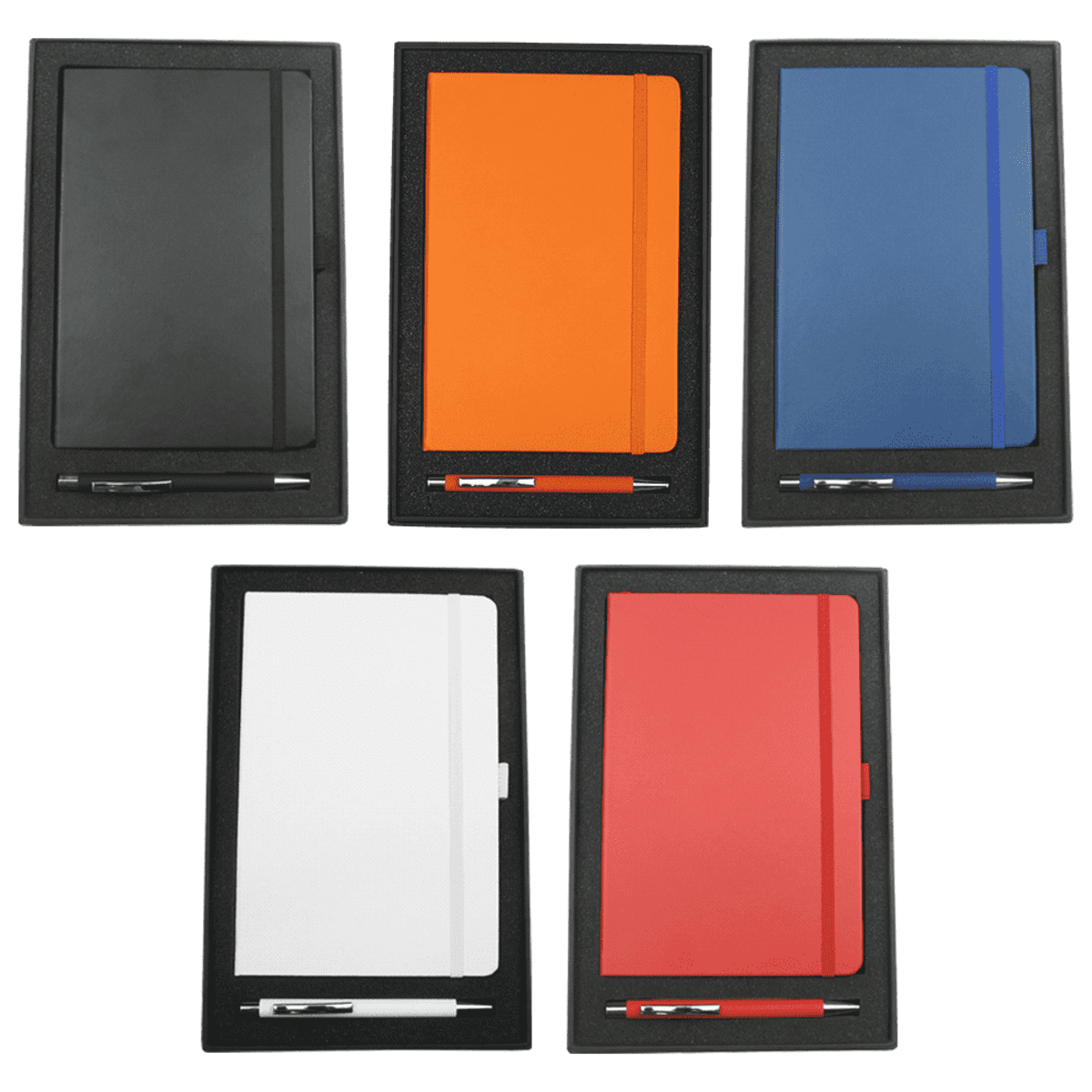 Five notebooks in black, orange, blue, white, and red covers are displayed in packaging. Each notebook is accompanied by a pen placed below it. The packaging has a black border, creating a uniform presentation.