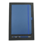 A closed blue notebook with an elastic band lies in a black tray, accompanied by a matching blue pen with silver accents.