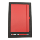 A gift set containing a red notebook with a matching elastic band and a red pen with silver accents, arranged on a black rectangular holder.
