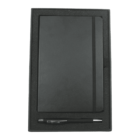 Black notebook and pen set in a rectangular foam-lined box. The notebook is positioned above the pen, with a black elastic strap securing it closed. The pen is metallic with a black body, resting in a groove at the boxs bottom.