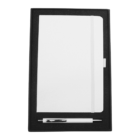 A white notebook with an elastic band rests in a black case alongside a white pen. The notebook cover has a minimalist design, and the pen is sleek, with metal accents.