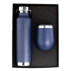 A gift set containing a blue stainless steel water bottle with a handle and a matching tumbler, both placed in a black foam-lined box.